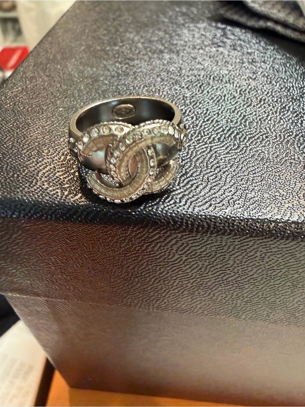 CHANEL Silver Crystal CC Logo Ring